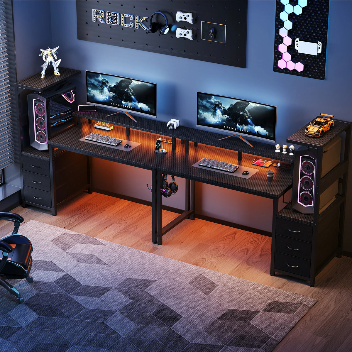 JHK Gaming Desk 3 Storage Drawers Led Lights Power Outlet