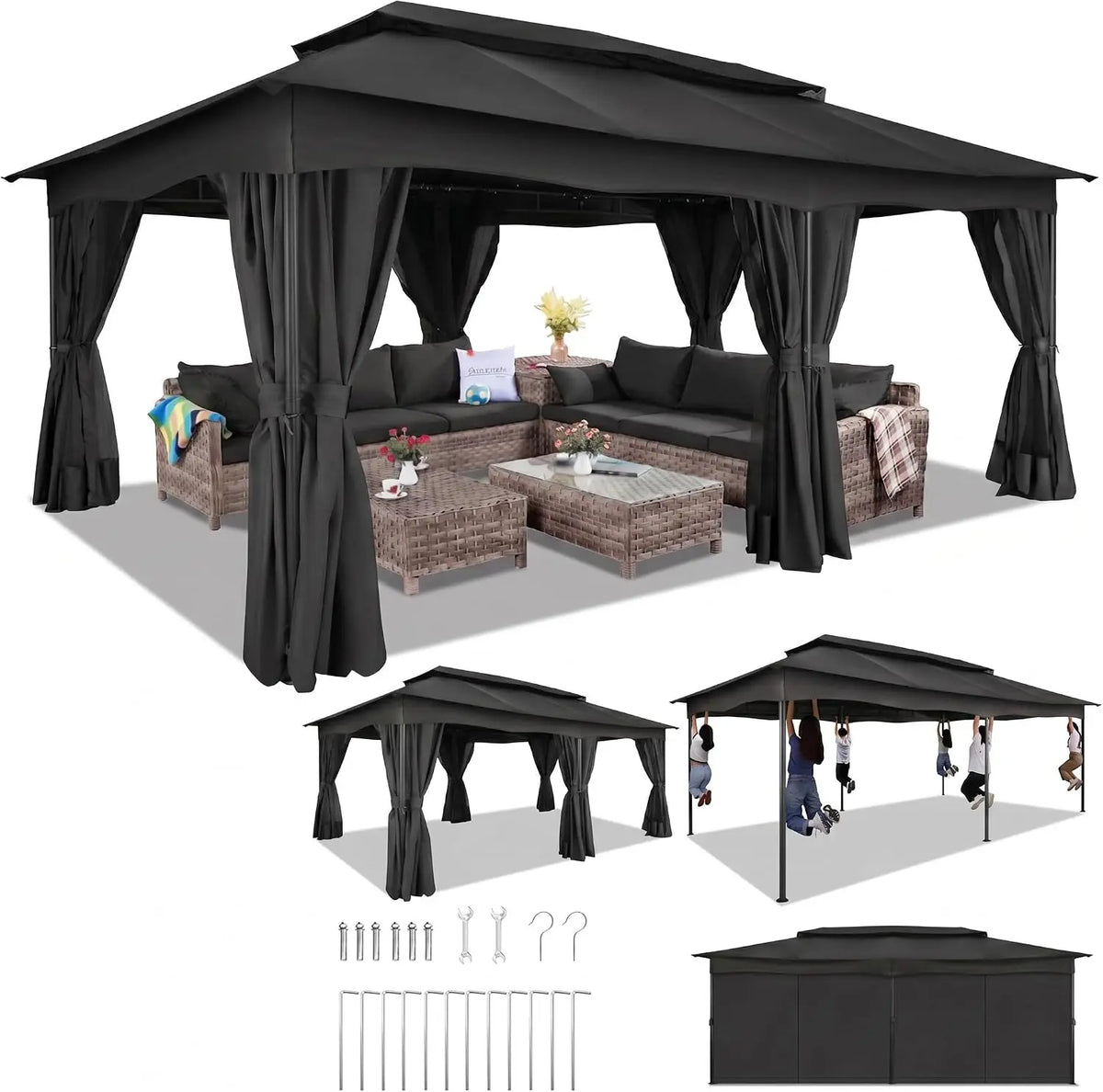 Tooluck Outdoor Gazebo With Curtains And Vented Double Roof Canopy