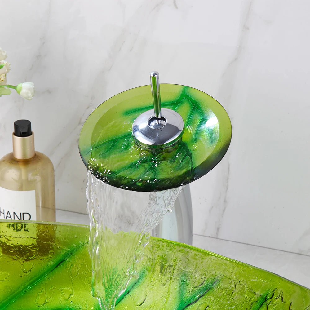 SINLAKU Tempered Glass Vessel Sink With Waterfall Faucet Set