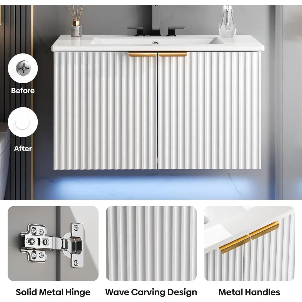 Floating Wall Mounted Vanity Cabinet With Integrated LED Light