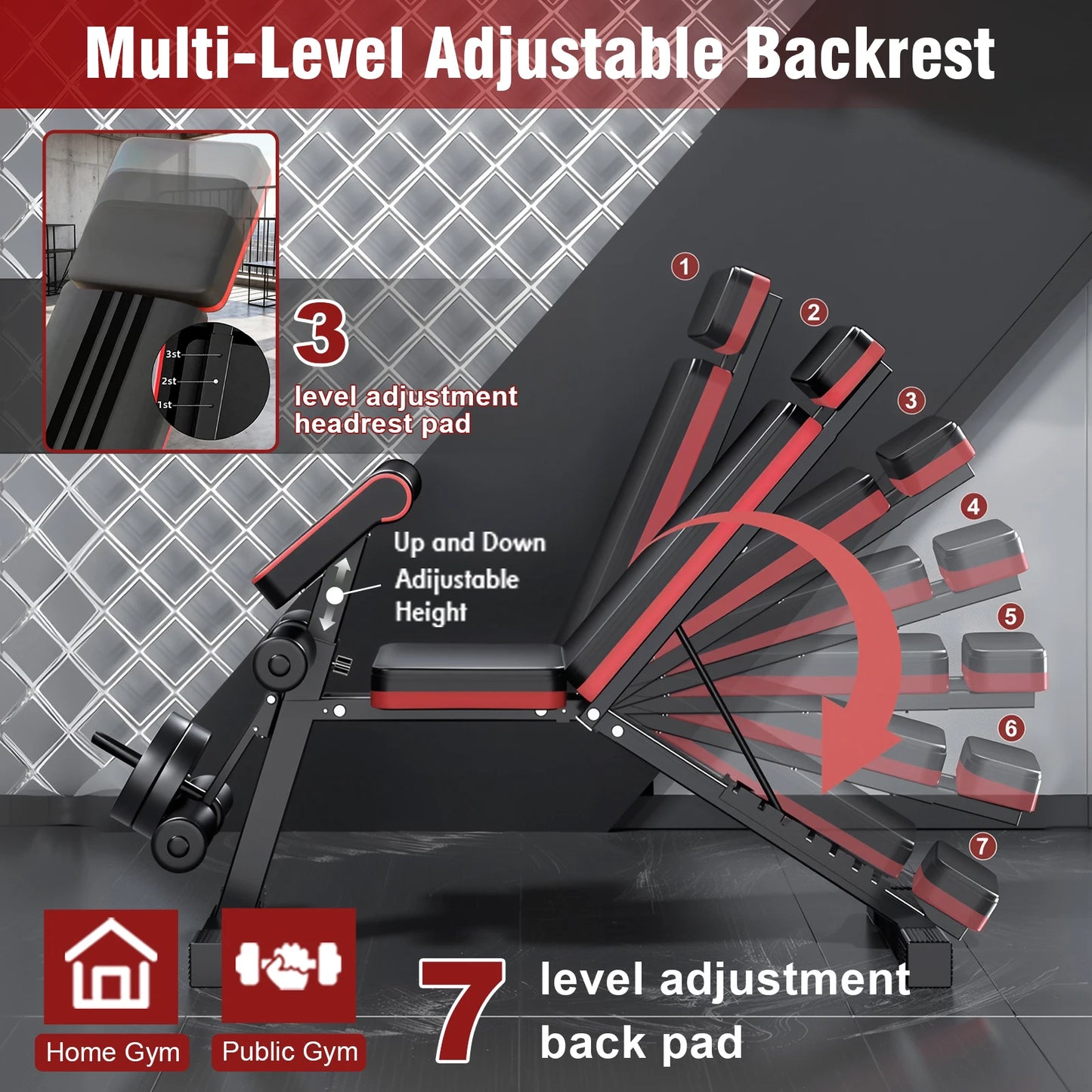 7-Level Foldable Weight Bench With Extended Headrest And Leg Extension