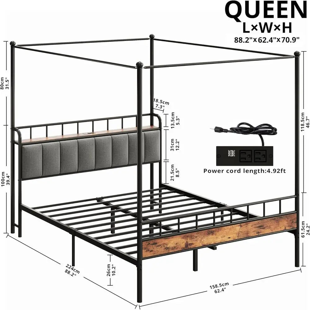 LIKIMIO Canopy Bed Frame Queen With Charging Station Headboard