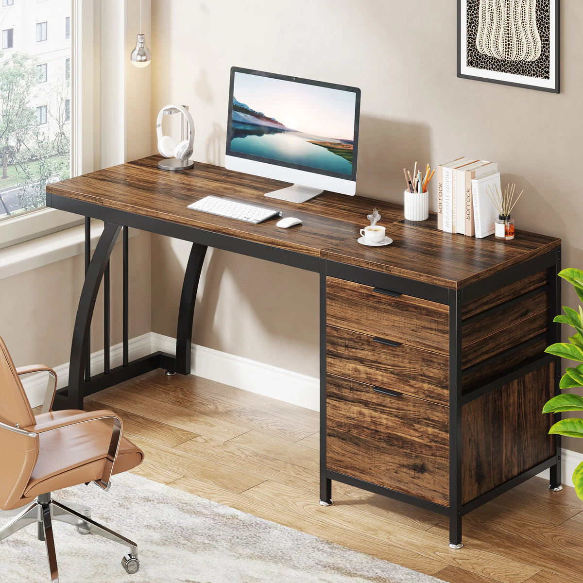 Tribesigns Industrial Computer Desk With Reversible Drawers