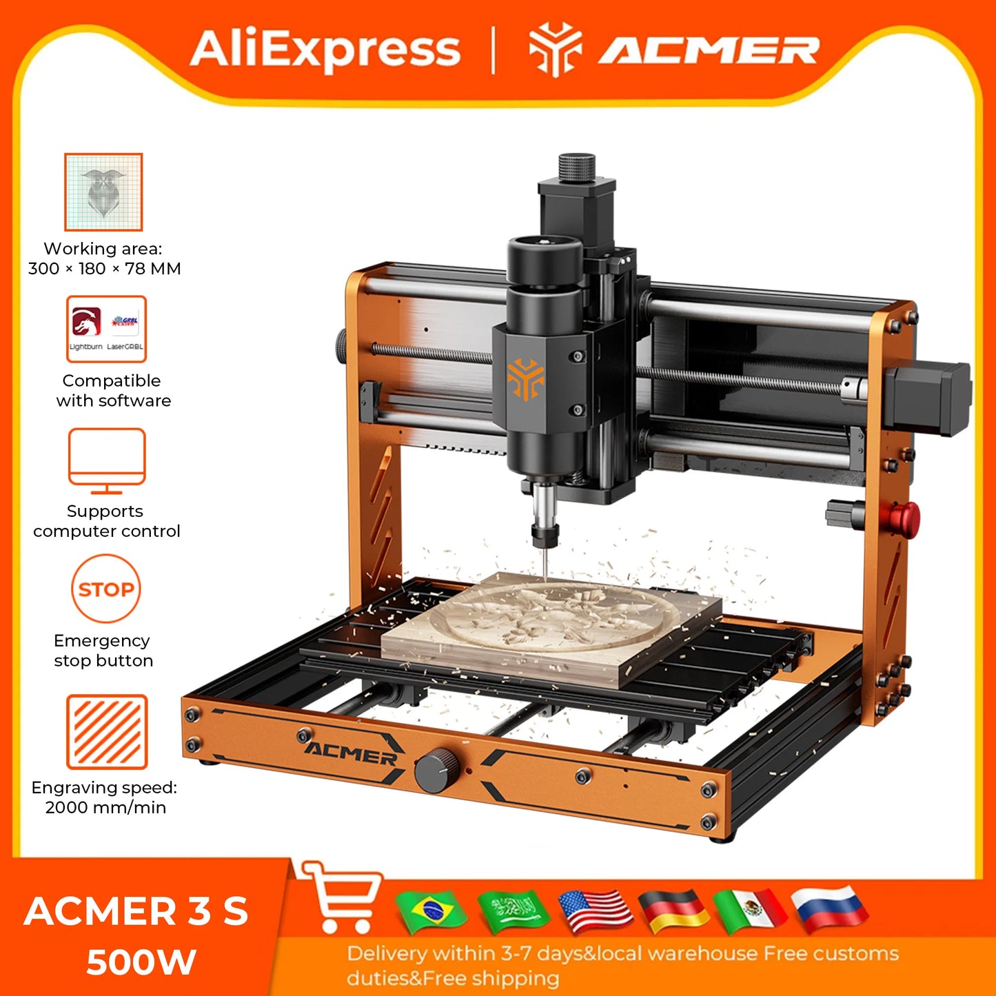 ACMER 500W CNC Router Machine For Wood PCB Leather Stone