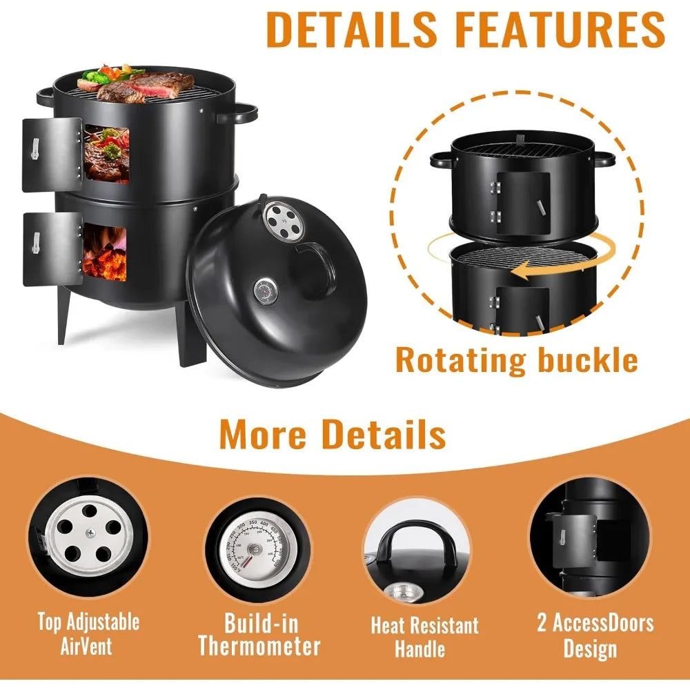 XIUWO Portable Vertical Charcoal Smoker Grill With Thermometers