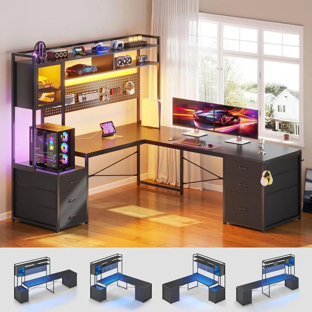 Reversible L Shaped Gaming Desk With Drawers And Storage Shelves
