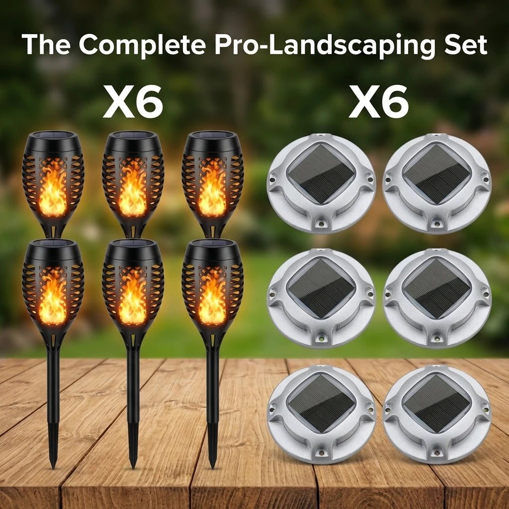 Solar Outdoor Flickering Flame Torch And Ground Lawn Lighting Set