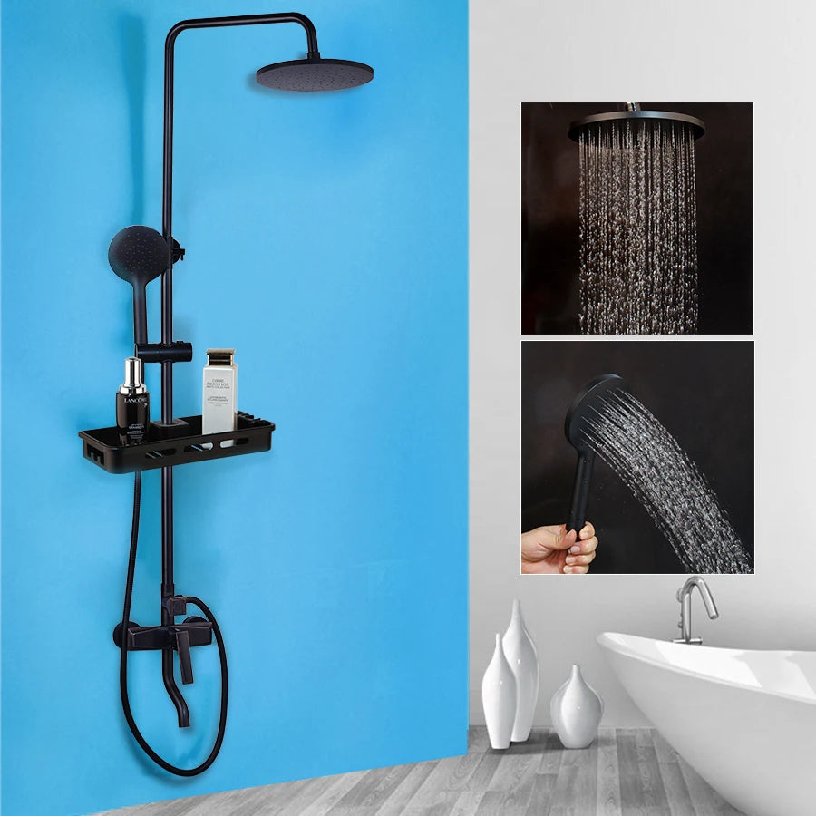 SINLAKU Bathroom Rainfall Shower Mixer Set With Storage Shelf