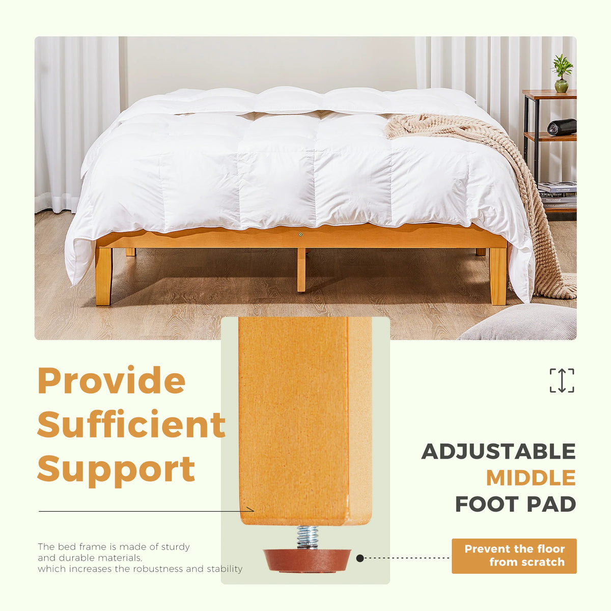 JHK Solid Wood Bed Frame With Sturdy Slats Easy Assembly