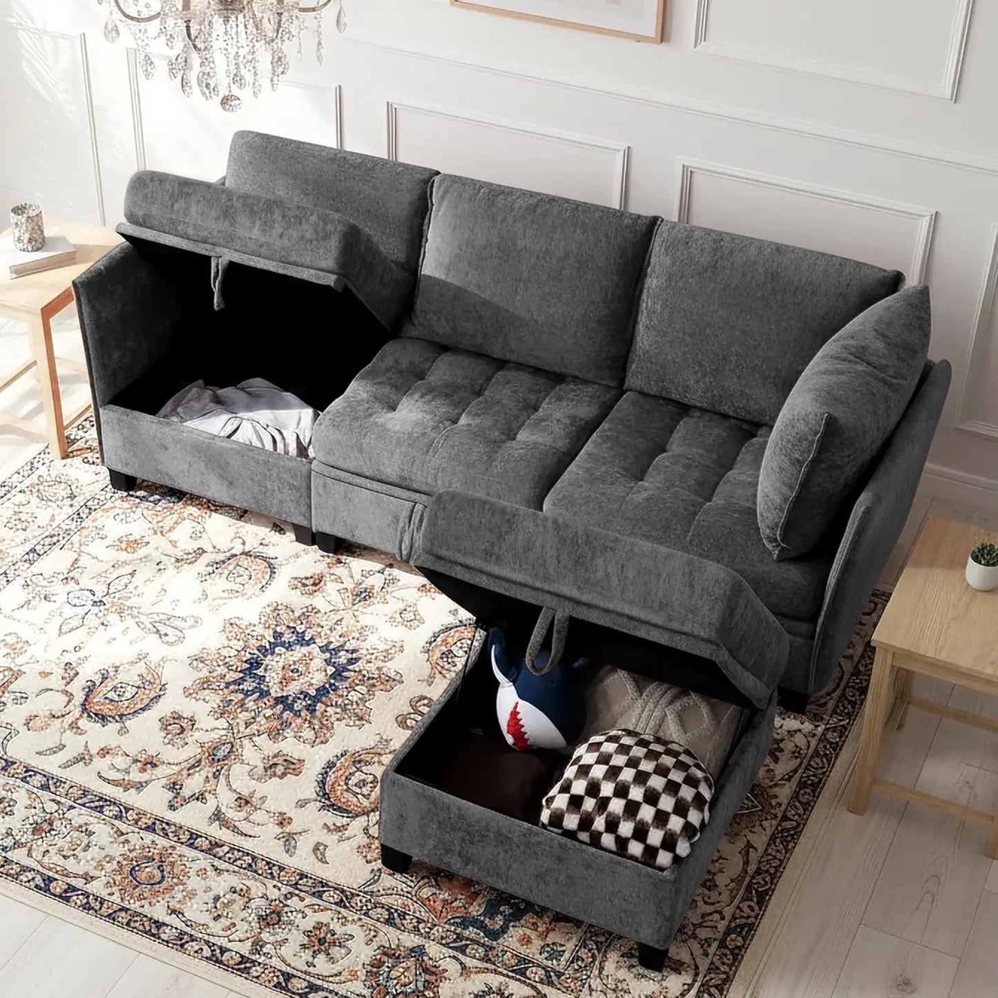 Oversized L Shaped Chenille Sectional Sofa With Storage Living Room