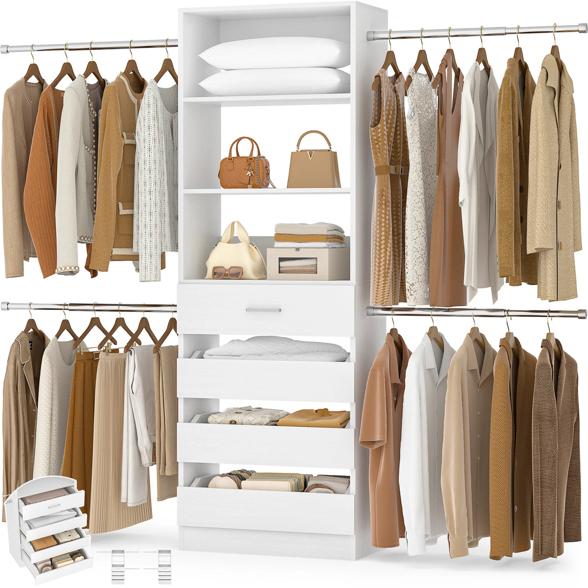 Aheaplus Wooden Closet Organizer With Four Drawers And Hanging Rods