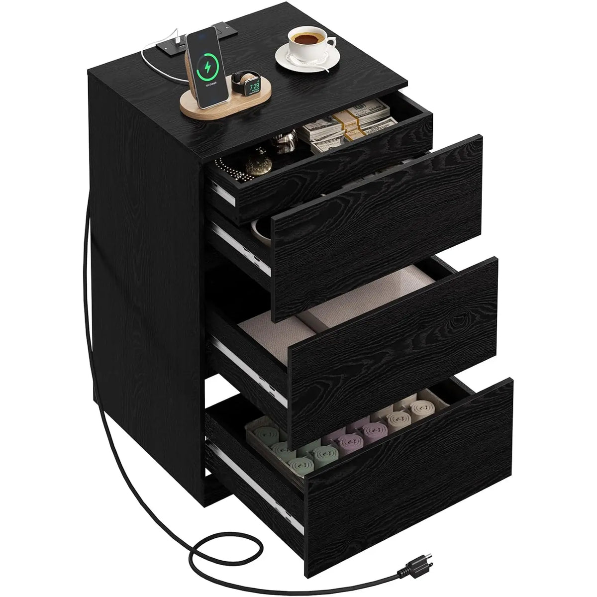 Modern Nightstand With Four Drawers Hidden Drawer And Charging Station
