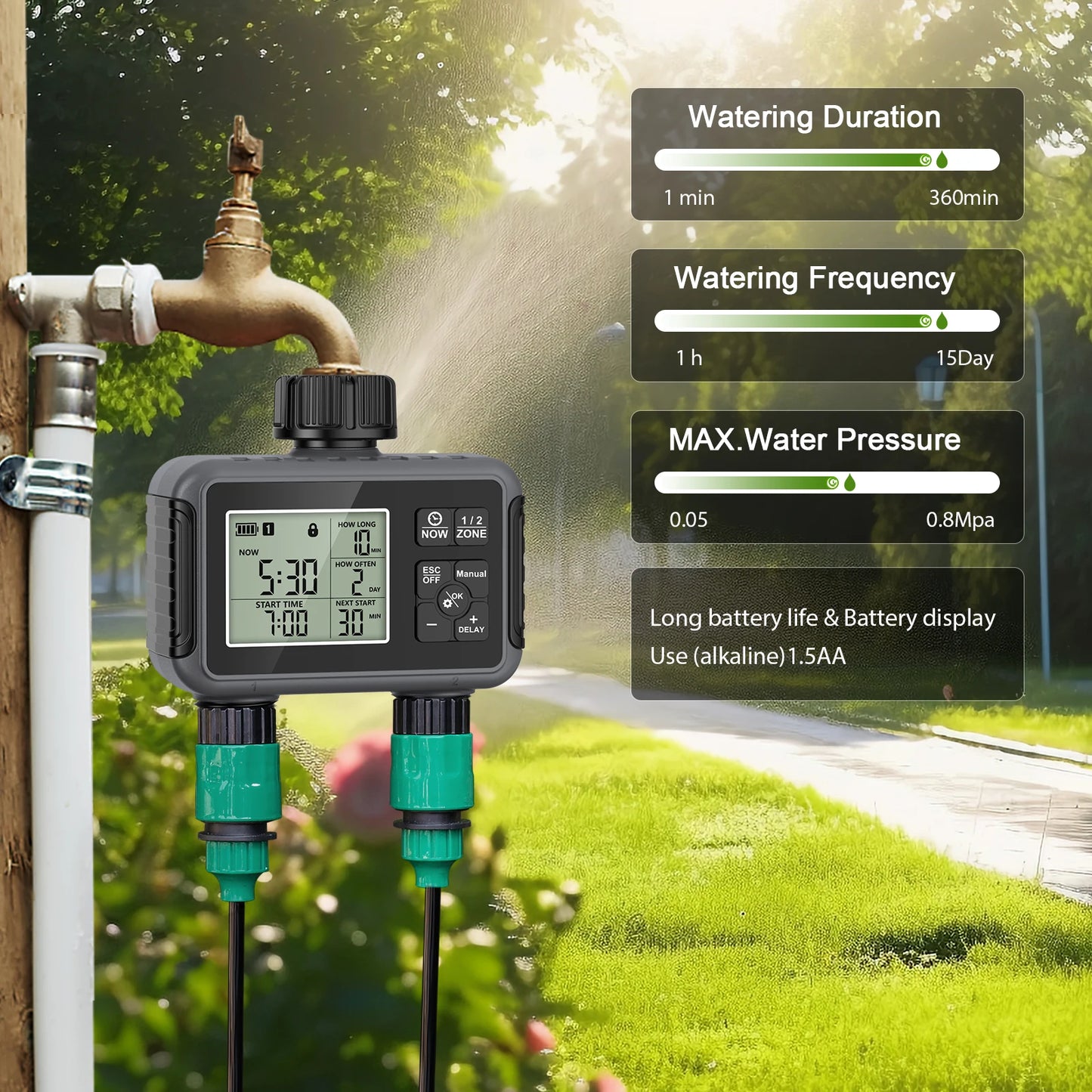 LANRIYUZ Dual Zone Smart LCD Garden Watering Timer