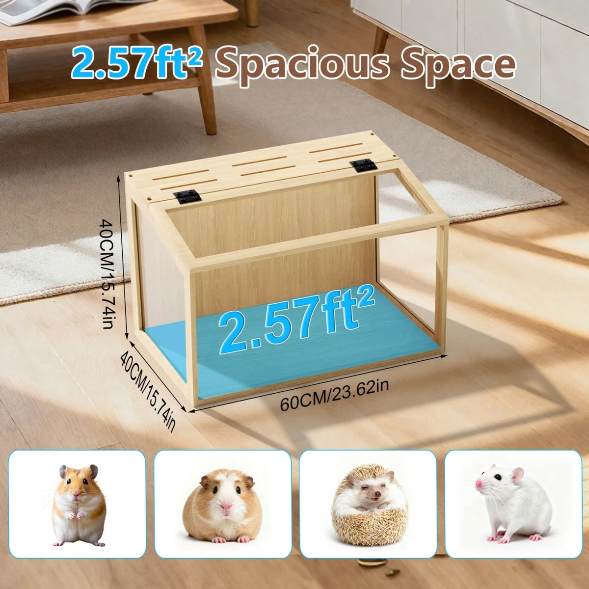 Wooden Chewproof Hamster Cage with Tempered Glass and LED Lighting