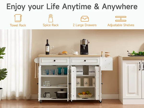 Wooden Rolling Kitchen Cart With Drop Leaf And Storage Rack
