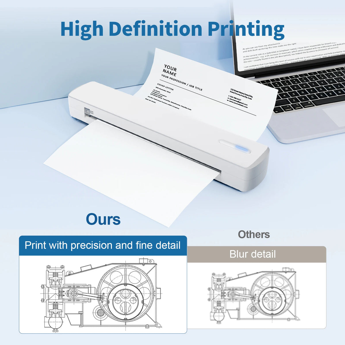 Portable A4 Thermal Bluetooth Wireless Printer 203dpi Photos PDF Document Printing Machine For Office Work Home School Travel