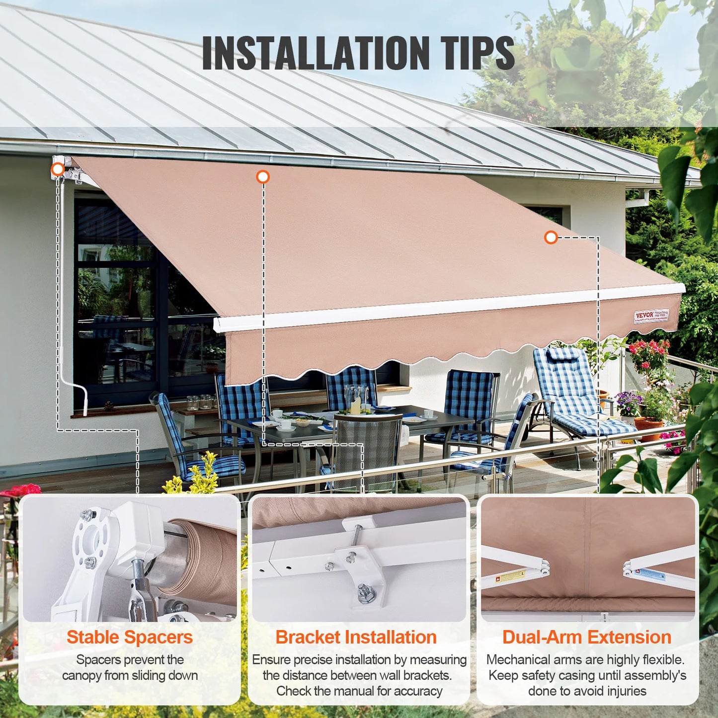 SucceBuy Manual Retractable Awning Outdoor Sun Shade Polyester
