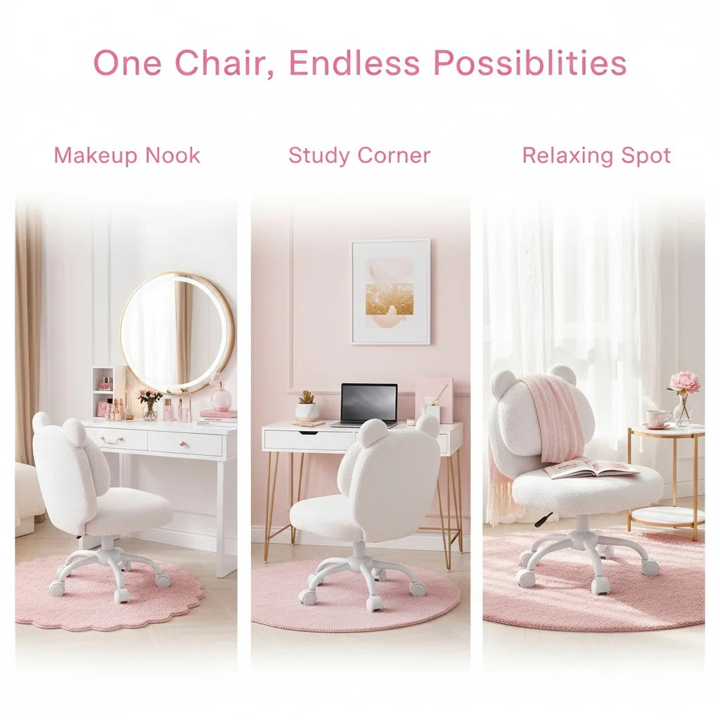 K Kyspho Vanity Desk Chair With Fleece Bear Backrest Wheels
