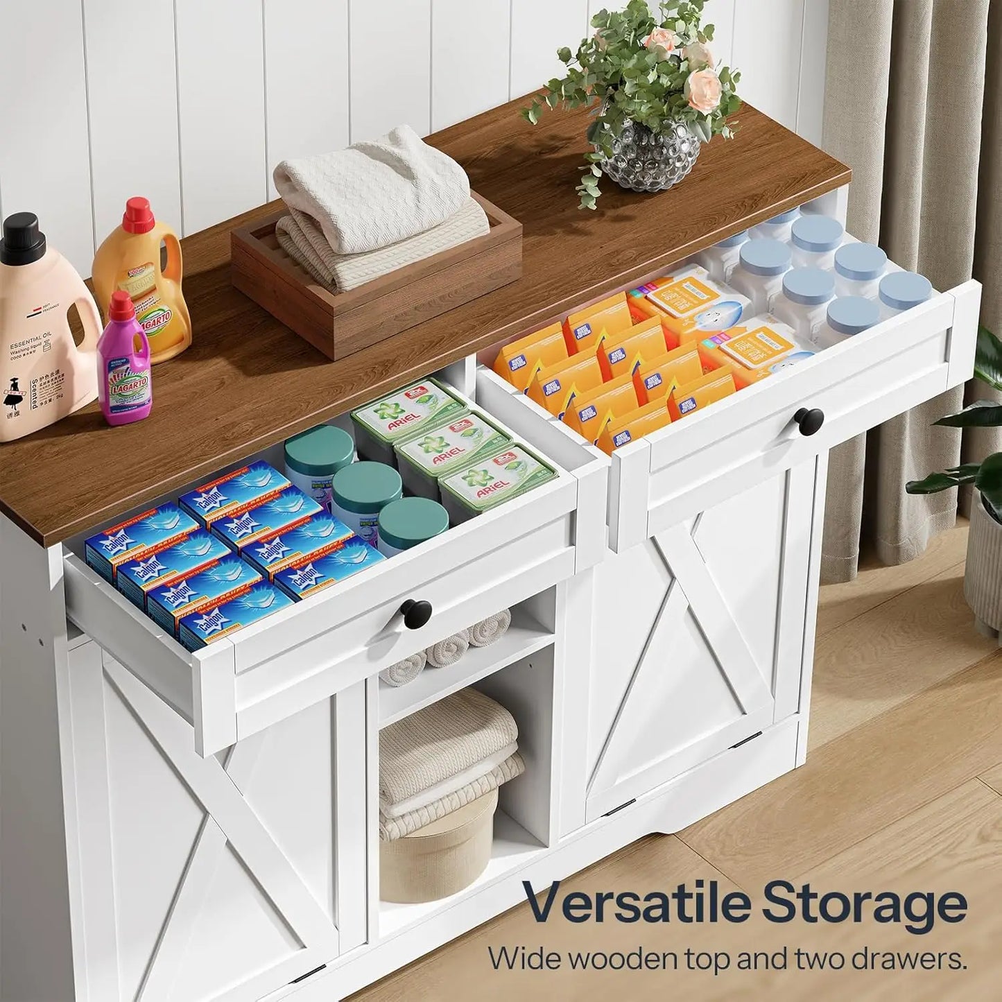 Modern Double Tilt Out Laundry Hamper Cabinet With Open Shelf