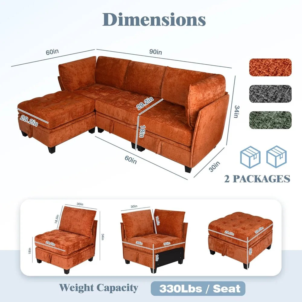 Oversized L Shaped Chenille Sectional Sofa With Storage Living Room