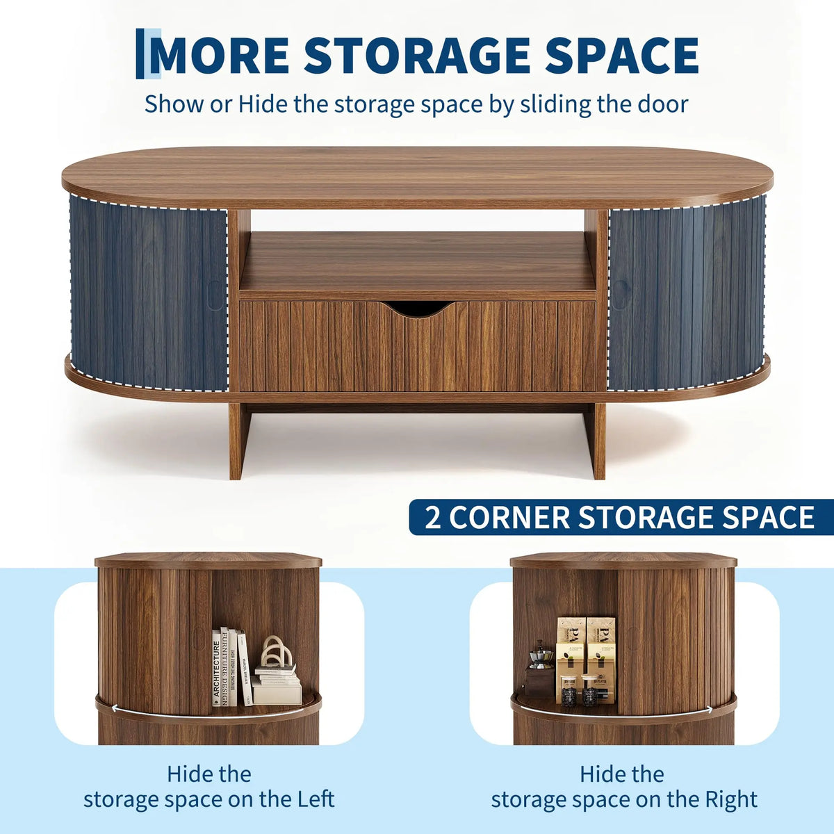 HiMiss Oval Wooden Coffee Table With Storage Drawer Fluted Design