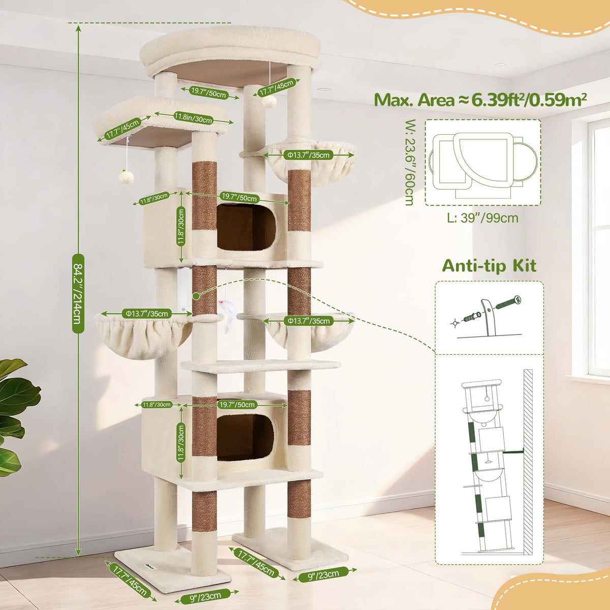 Globlazer 84" Floor to Ceiling Cat Tree Tower for Multiple Large Cats Adjustable Multi-Level Climbing Activity Center with Sisal Scratching Posts 2 Condos 3 Hammocks