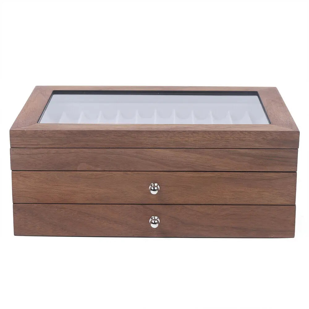 Walnut Wood 34 Slot Pen Storage Case With Drawer Display