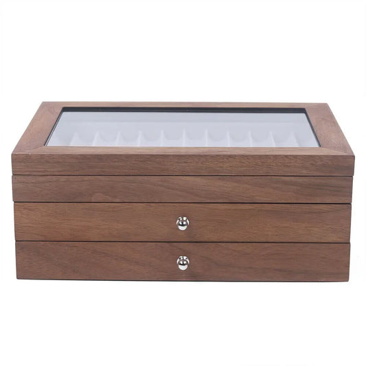Walnut Wood 34 Slot Pen Storage Case With Drawer Display