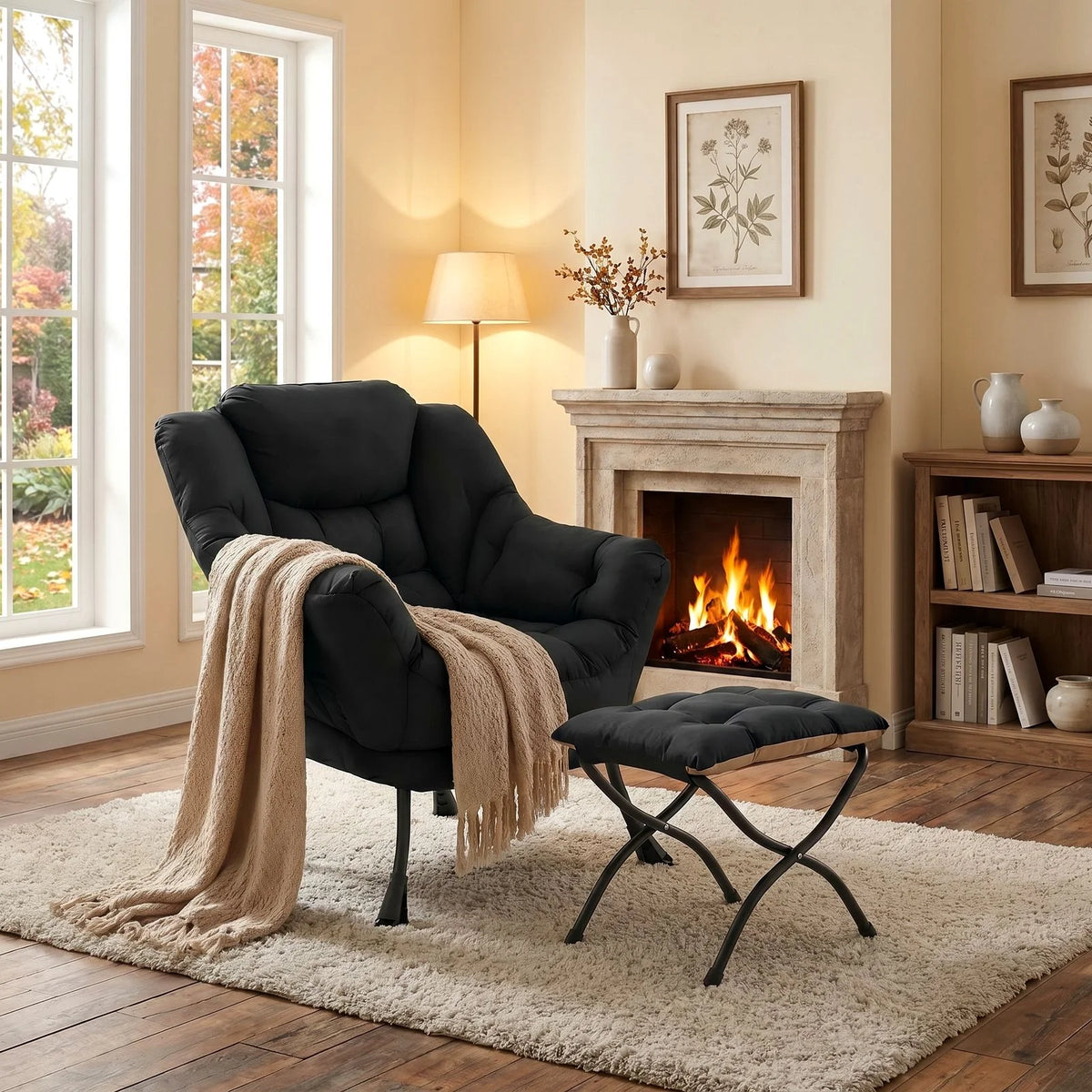 Lazy Chair with Foldable Ottoman,Modern Comfy Lounge Chair,Large Sofa Armchair,Reading Chair,with Footrest,a Side Pocket,non-slip foot pads,for Bedroom,Living Room,Dorm