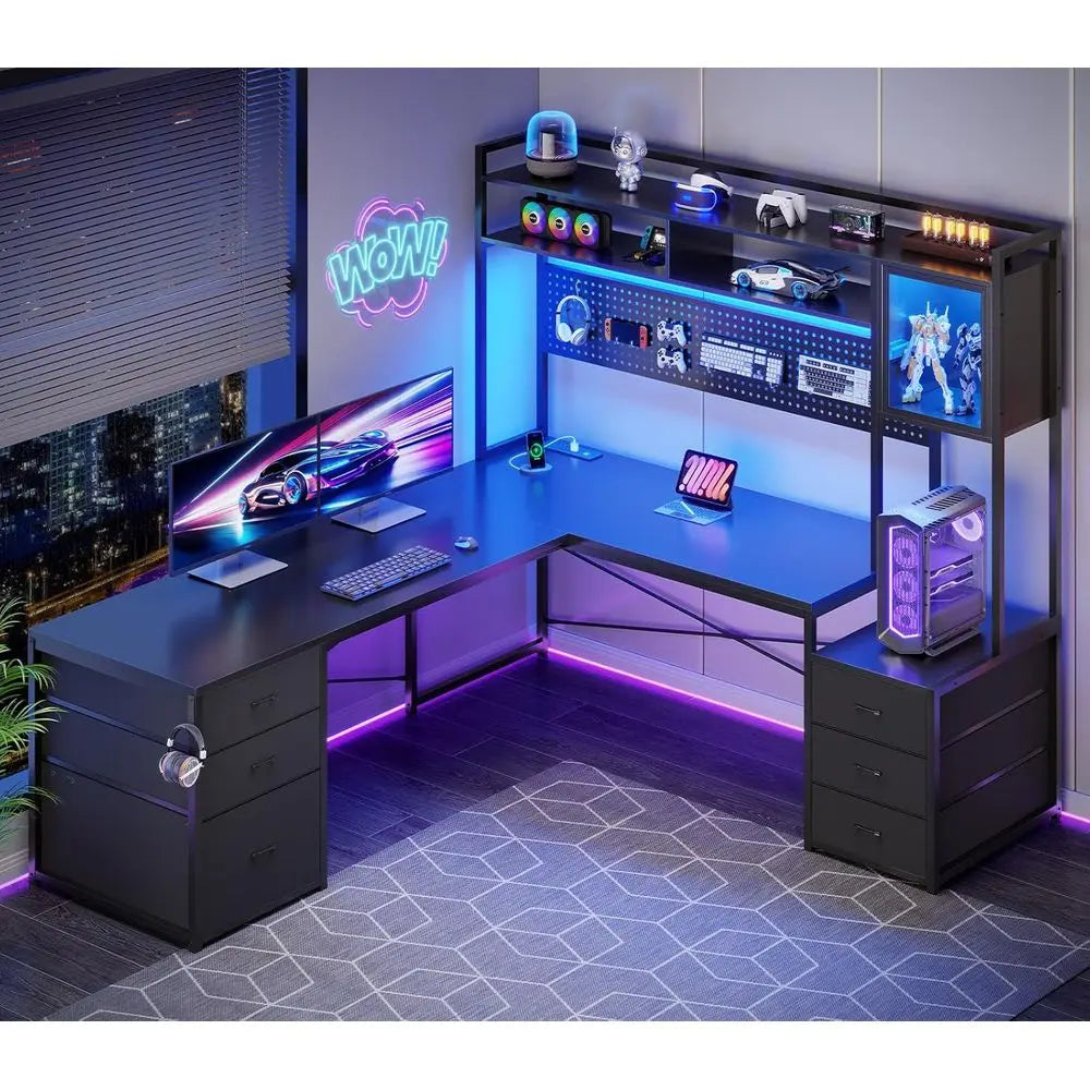 Reversible L Shaped Gaming Desk With Drawers And Storage Shelves