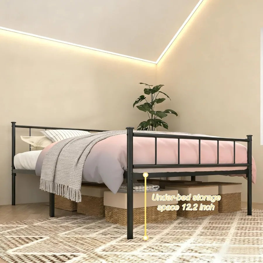 XIUWO Metal Platform Bed Frame Victorian Iron With Underbed Storage