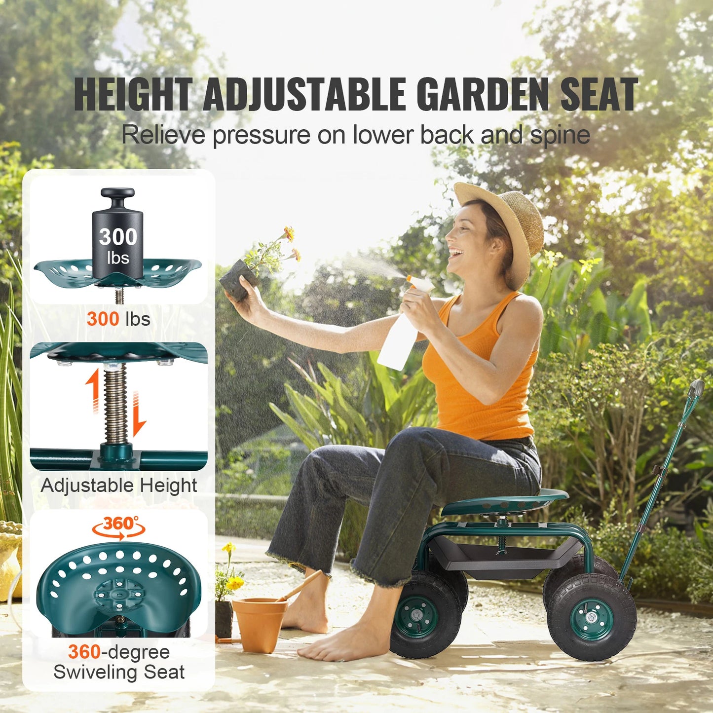 SucceBuy Garden Cart Rolling Workseat With Wheels 360 Swivel Seat