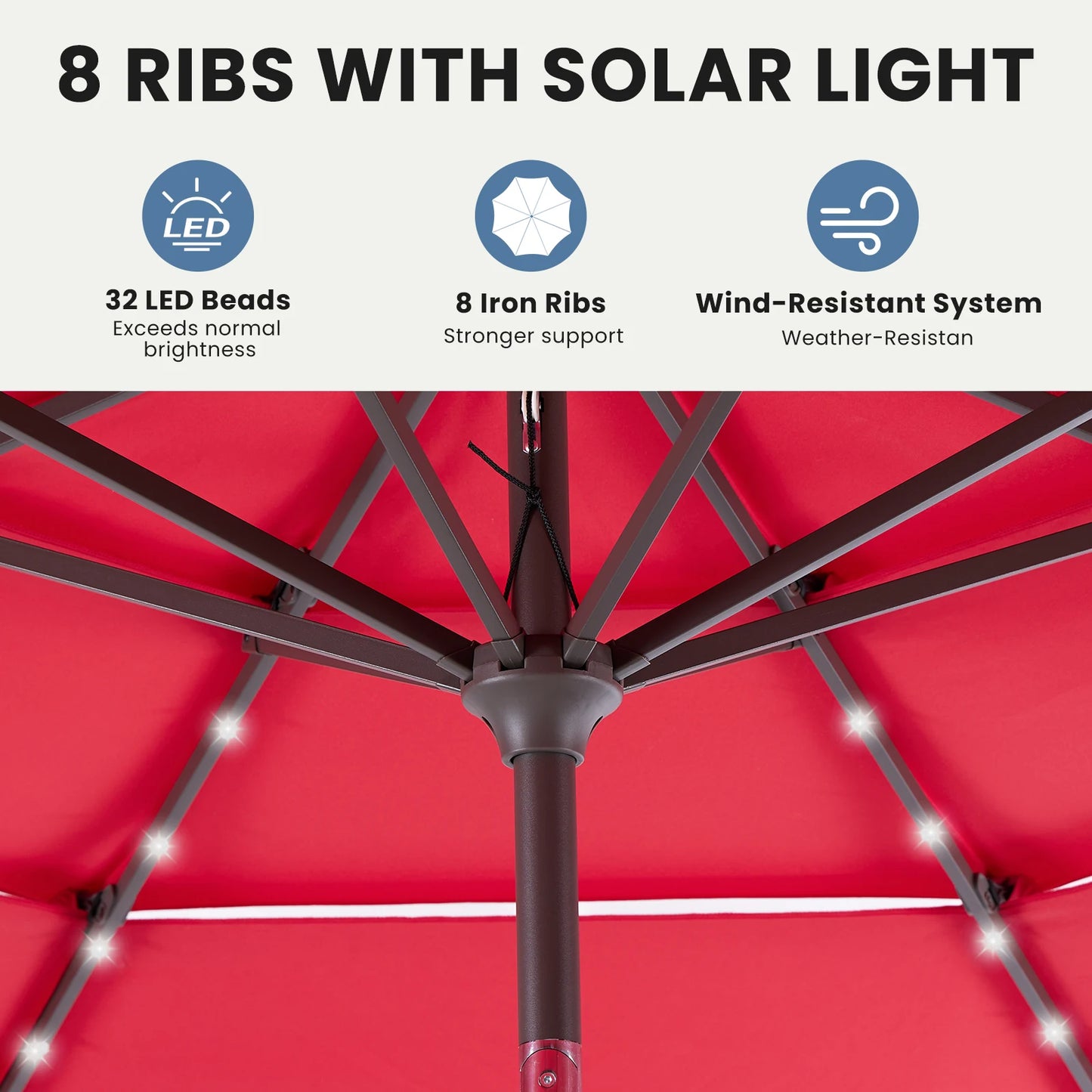 JHK Outdoor Solar Patio Umbrella With 32 LED Lights