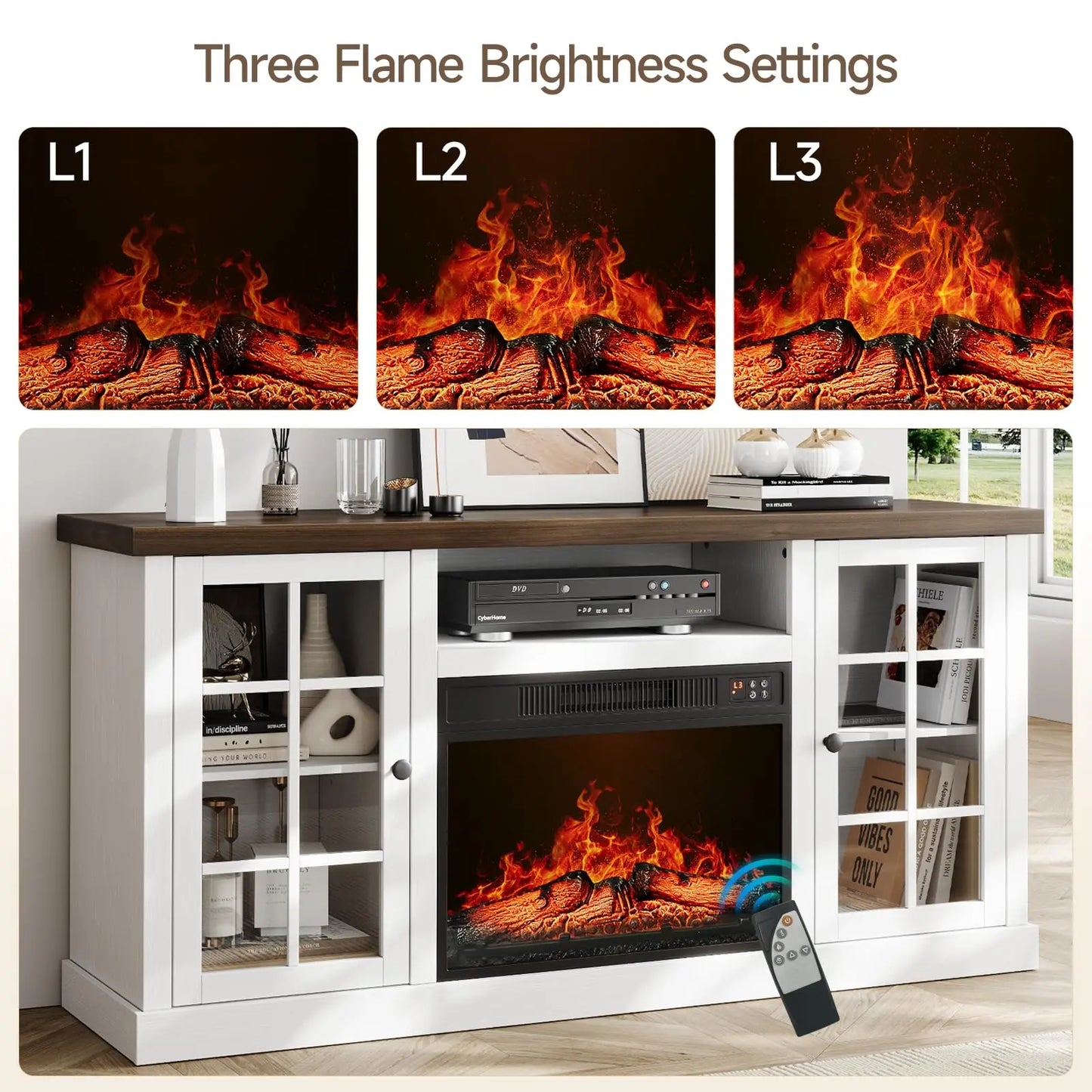 ONBRILL Farmhouse TV Stand With Electric Fireplace And Glass Doors
