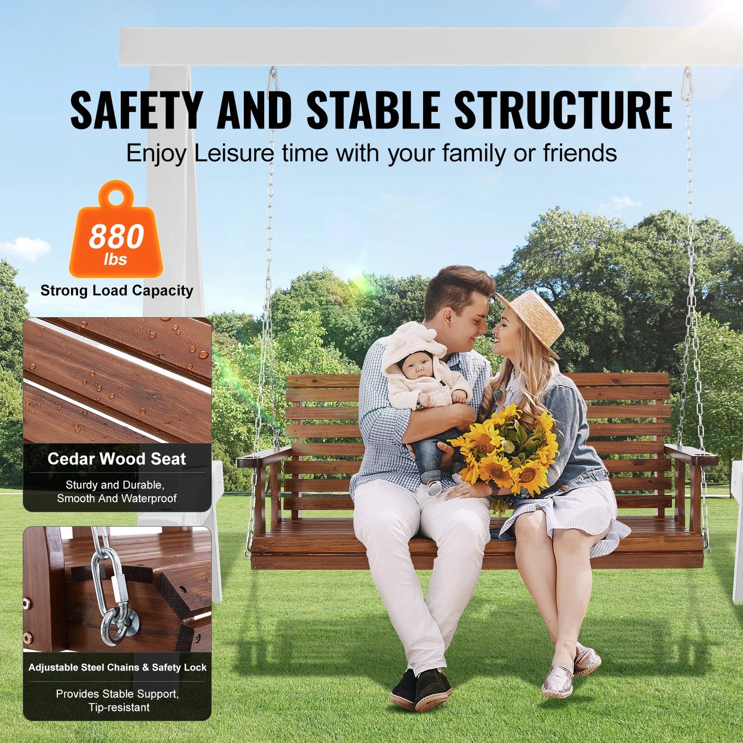 SucceBuy Wooden Porch Swing Outdoor Bench For Courtyard Garden