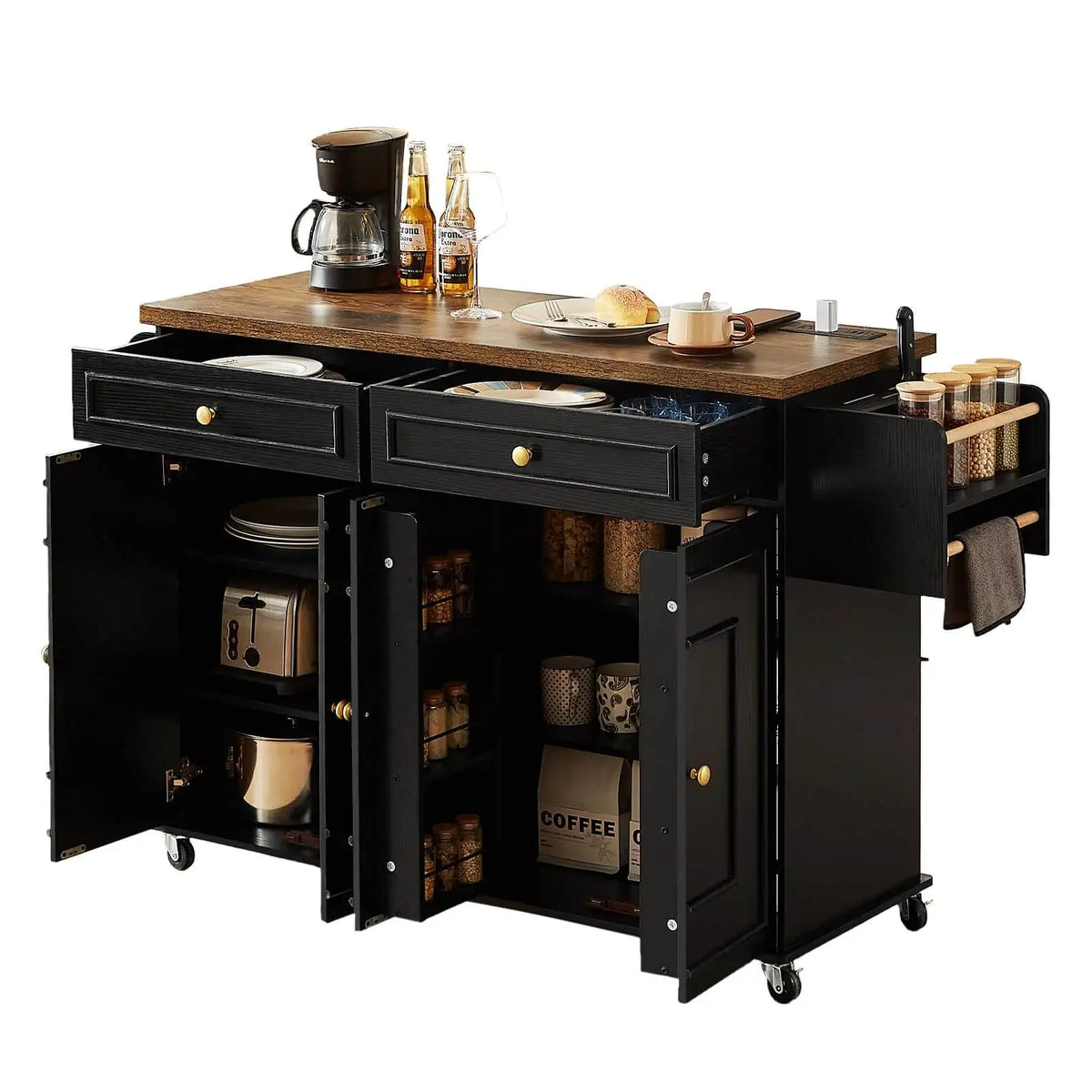 Wooden Rolling Kitchen Cart With Drop Leaf And Storage Rack
