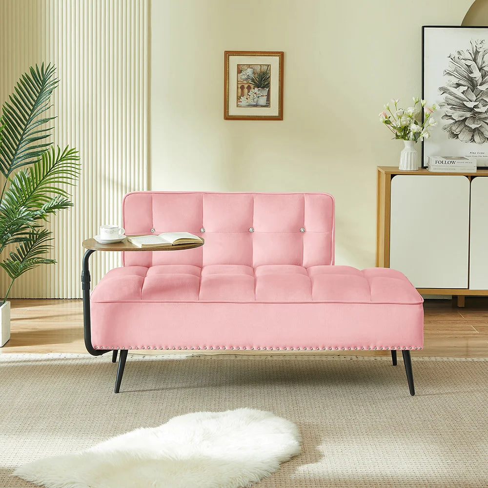 Modern Armless Velvet Sofa With Integrated Rotating Side Table