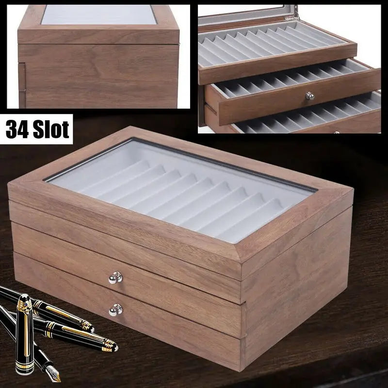 Walnut Wood 34 Slot Pen Storage Case With Drawer Display