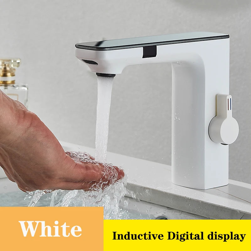 White Touchless Sensor Basin Faucet Smart Digital Display Bathroom Sink Faucet Grey Sense Hot Cold Water Mixer Tap Battery Power