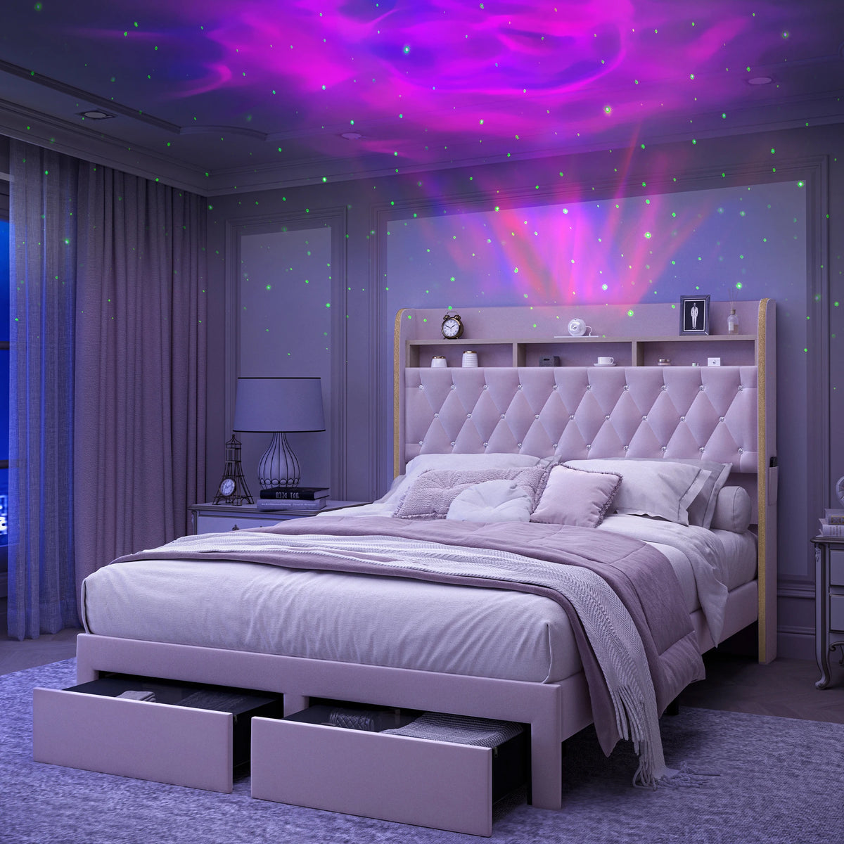 SIBEDS Upholstered Platform Bed Frame With LED Lights And Storage