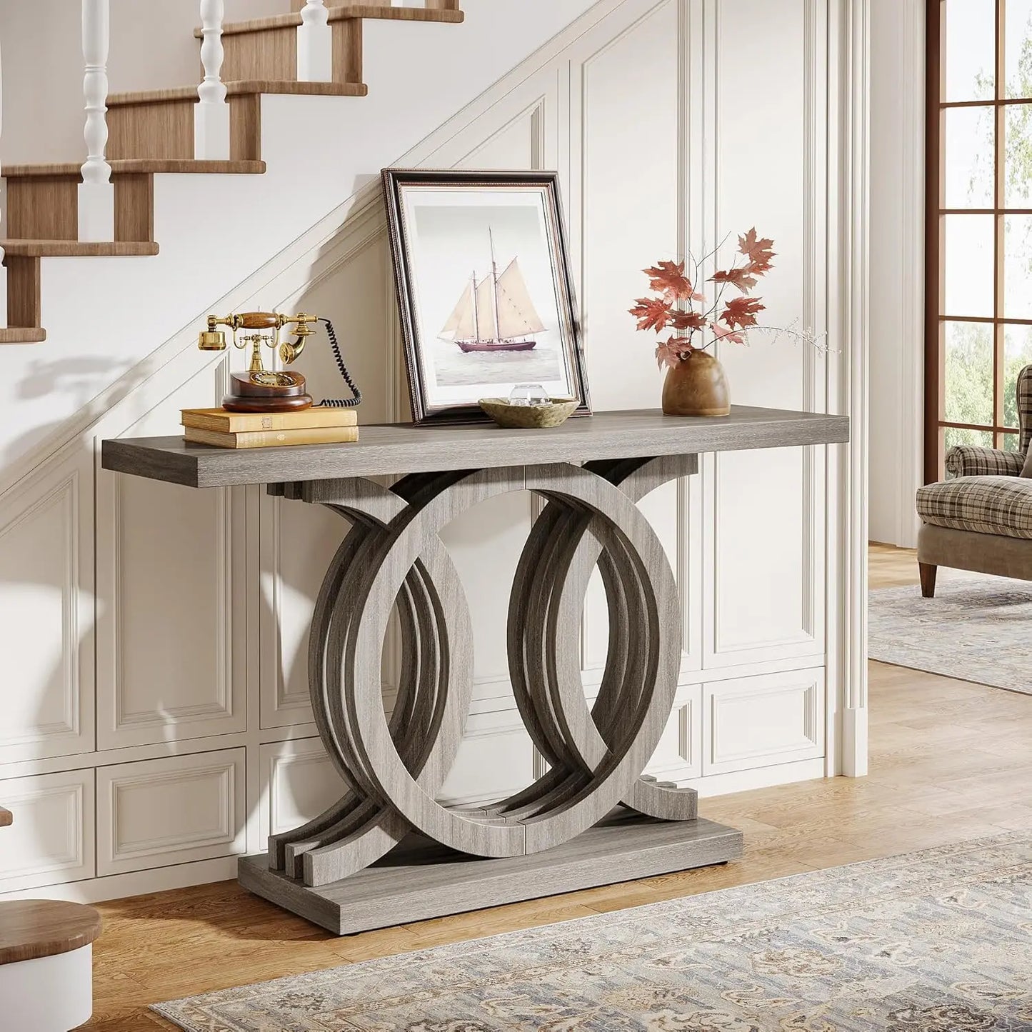 LITTLE TREE Geometric Wood Base Console Table For Entryway