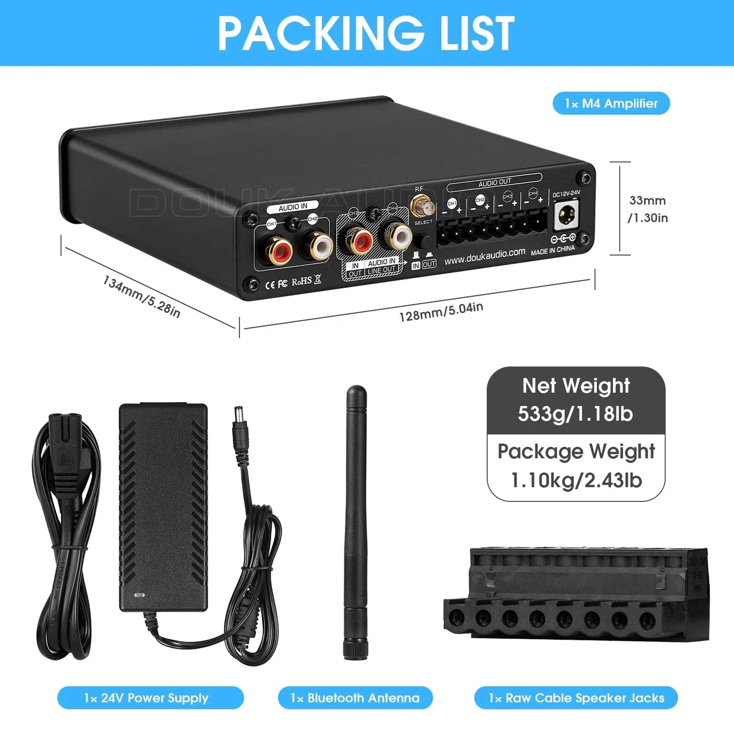Douk Audio M4 4 Channel Bluetooth 5.0 USB Power Amplifier
