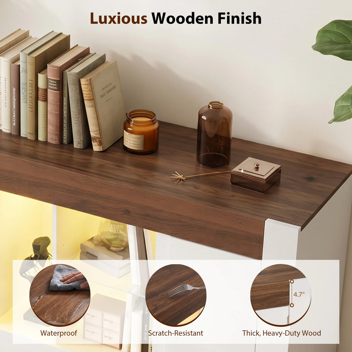 TCGBKAF Modern Farmhouse TV Stand Wooden Media Console LED Lights