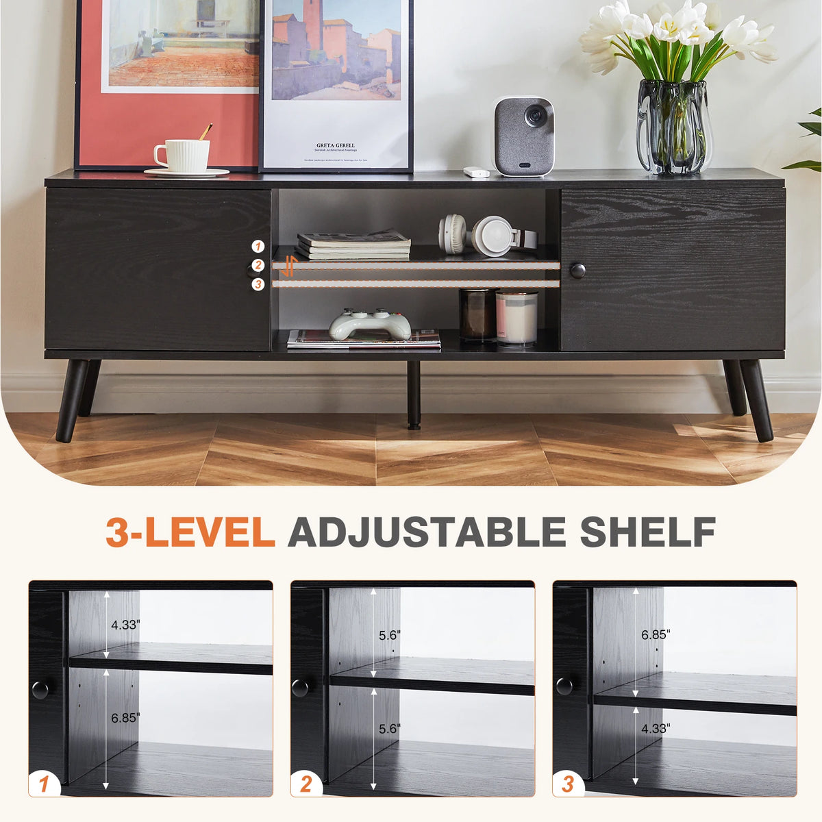 JHK Modern Wooden TV Stand Media Console With Adjustable Storage