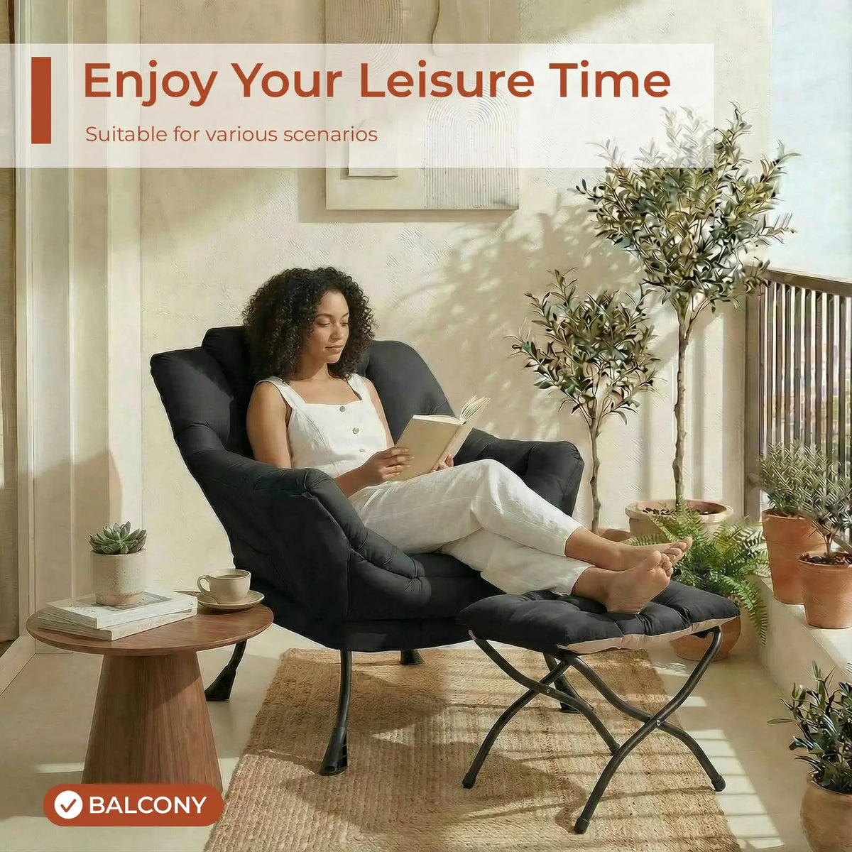 Lazy Chair with Foldable Ottoman,Modern Comfy Lounge Chair,Large Sofa Armchair,Reading Chair,with Footrest,a Side Pocket,non-slip foot pads,for Bedroom,Living Room,Dorm