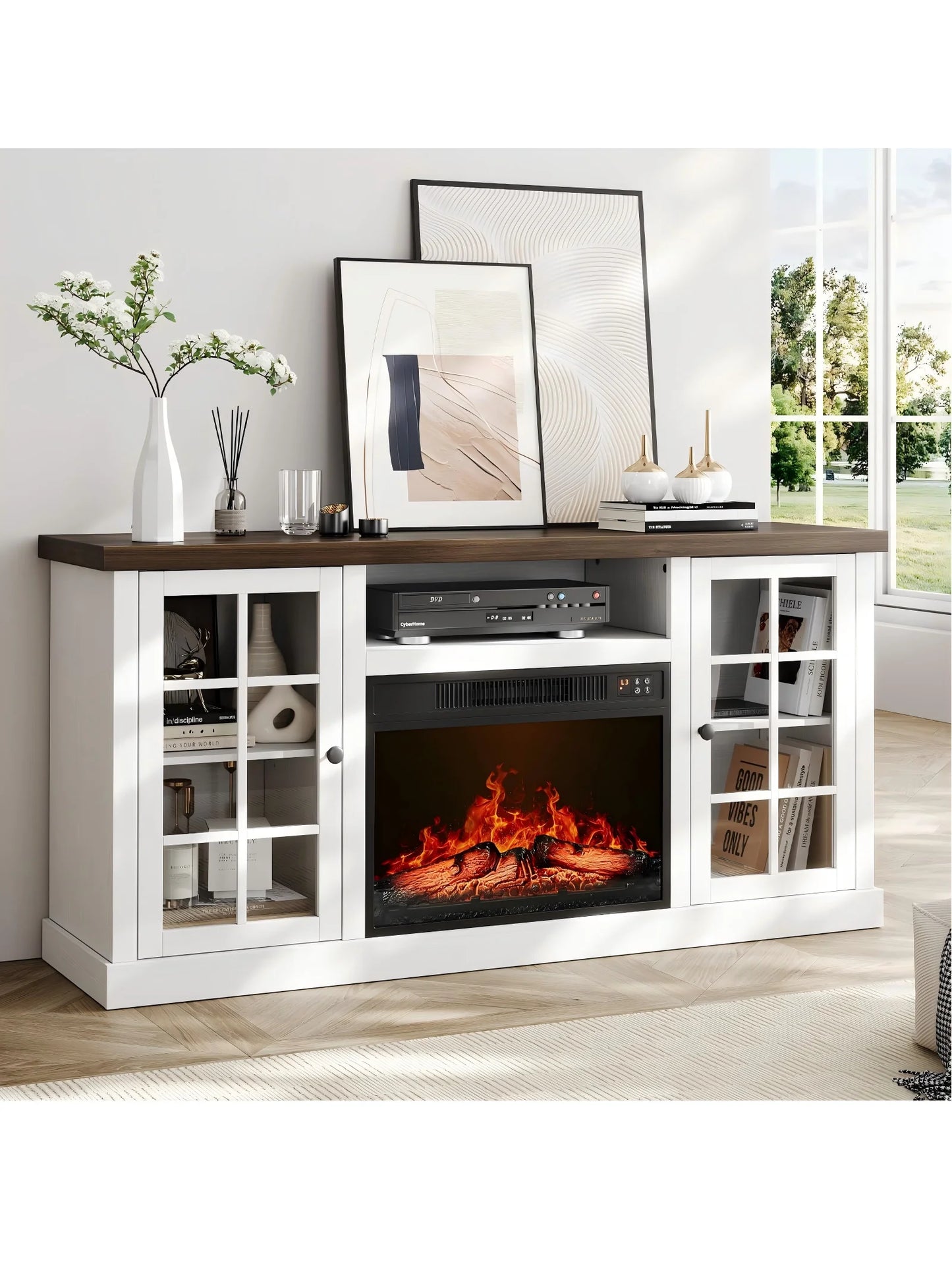 ONBRILL Farmhouse TV Stand With Electric Fireplace And Glass Doors