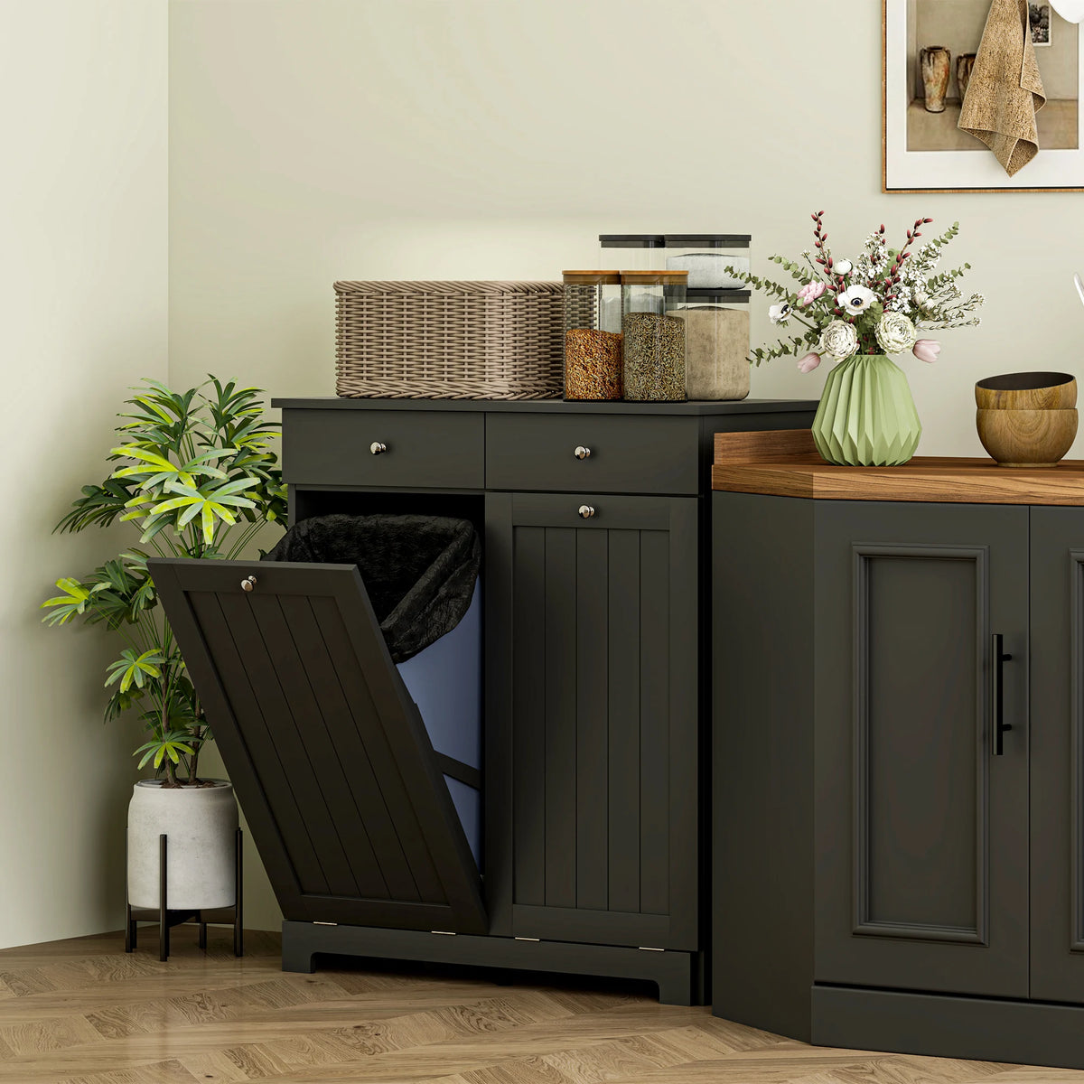 HOMCOM Laundry Cabinet with 2 Removable Baskets, Tilt Out Laundry Hamper with 2 Drawers and 2 Beadboard Doors, Bathroom Hamper Cabinet, Black