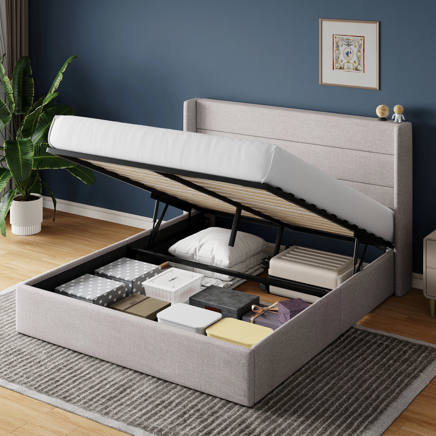 HOOMIC Lift Up Storage Bed With Wingback Headboard And Hydraulic Lift