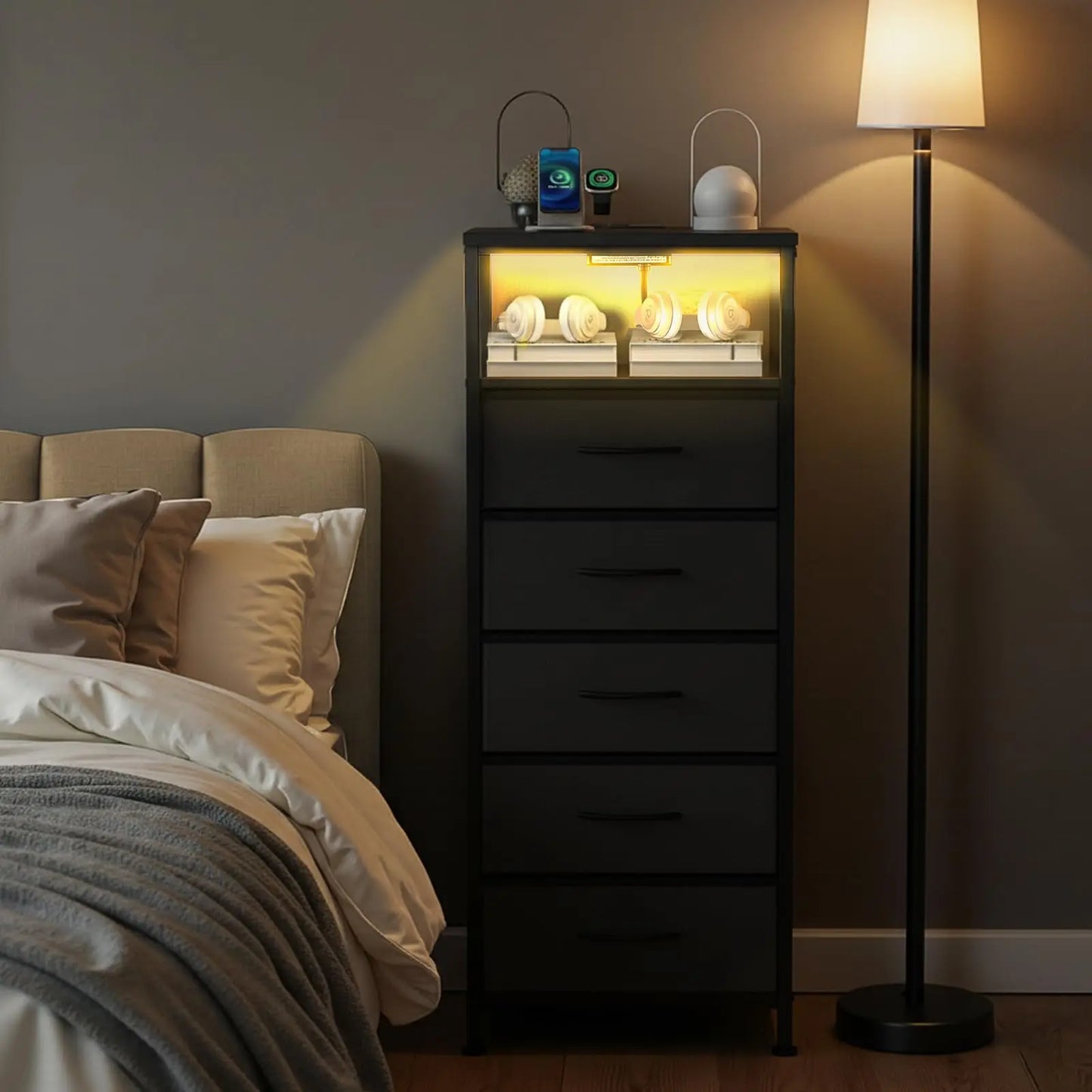 JHK Five Drawer Dresser With Nightstand Charging Station And Outlets