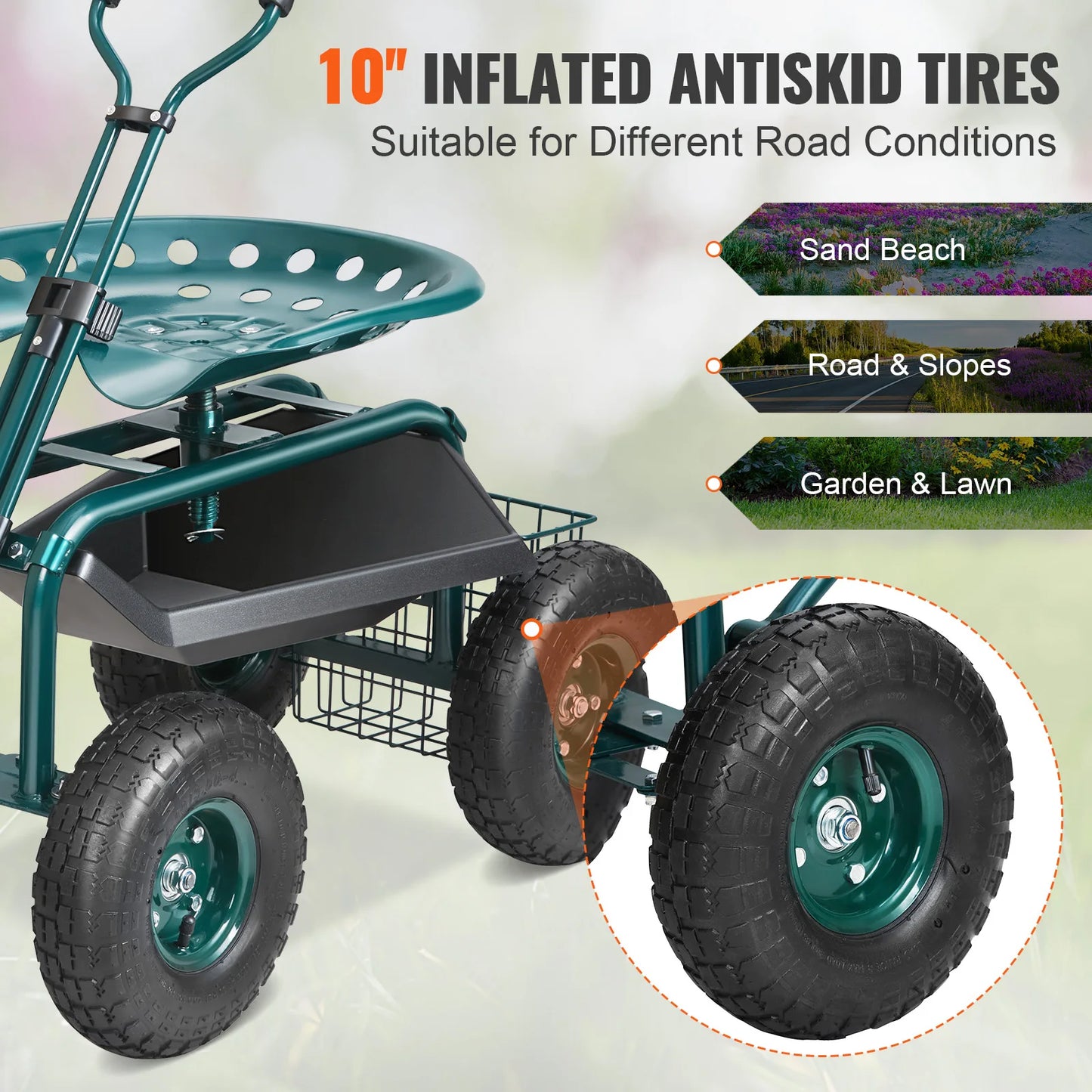 SucceBuy Garden Cart Rolling Workseat With Wheels 360 Swivel Seat